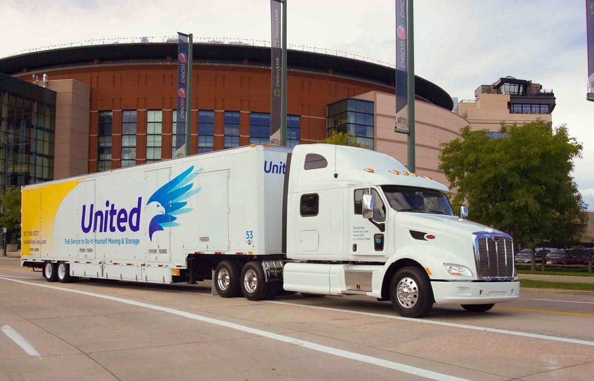 united van lines moving truck in front of the pepsi center in colorado.