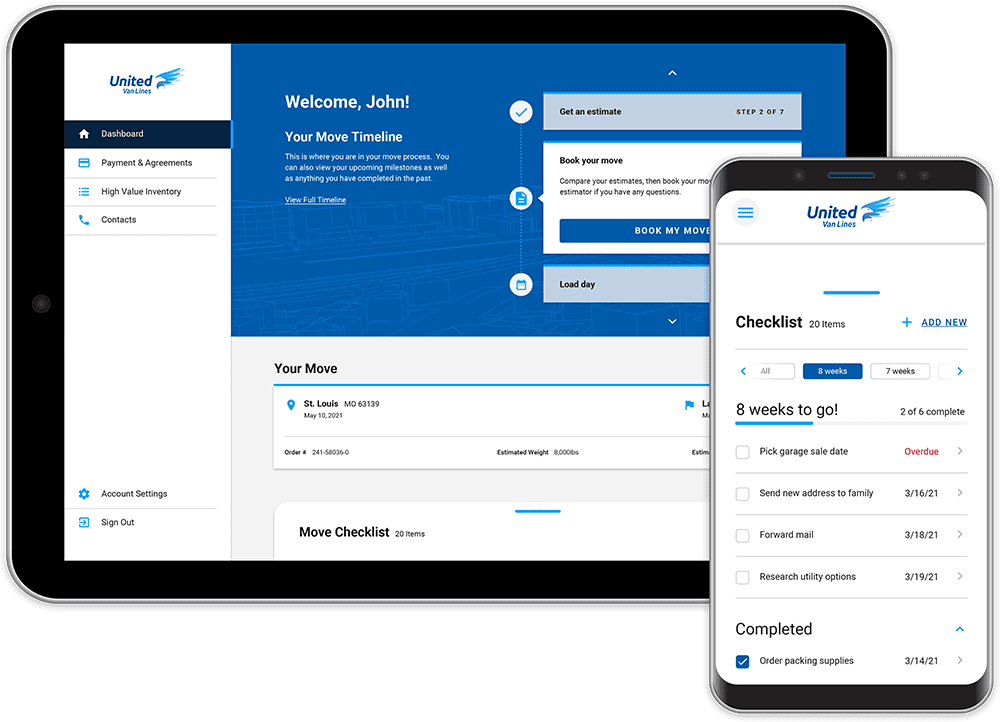 tablet and phone with united move portal dashboard displayed on screen.
